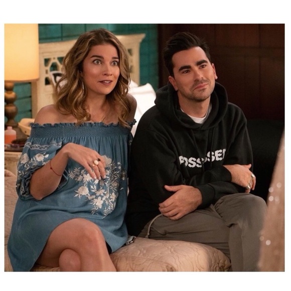 SCHITTS CREEK Zara Alexis Rose Embroidered Floral Off Shoulder Denim Dress - Picture 5 of 6